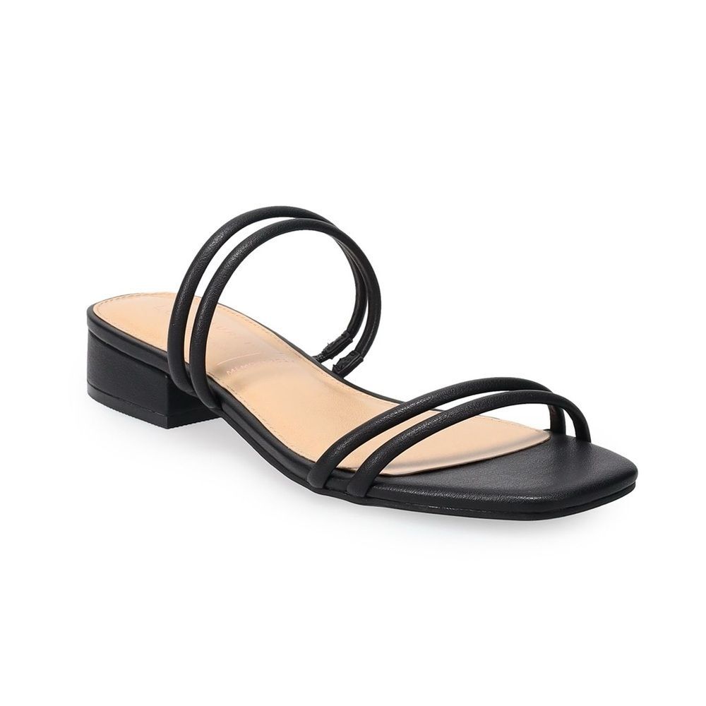 BCBG Women's Dexti Slip-on Flat Sandal w/ Metallic Heel in Black Size 8